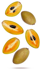 six whole and halved sapodilla fruits captured mid-air, floating dynamically against a deep transparent background, showcasing exotic tropical produce.