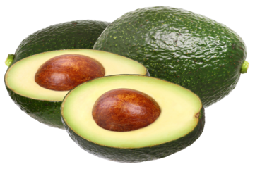 group of fresh hass avocados featuring two whole fruits and one cut in half revealing the large brown pit and creamy green flesh, isolated on black.