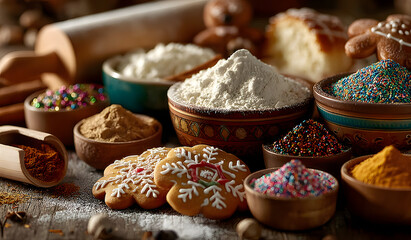 Christmas food. Gingerbread cookies with ingredients for christmas baking