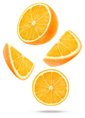 Obraz premium set of fresh, vibrant orange slices, quarters, and halves photographed mid-air, dynamically falling and suspended over a dark background.
