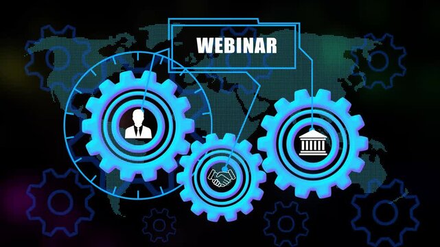  webinar Concept Gears with Icons on world map Background