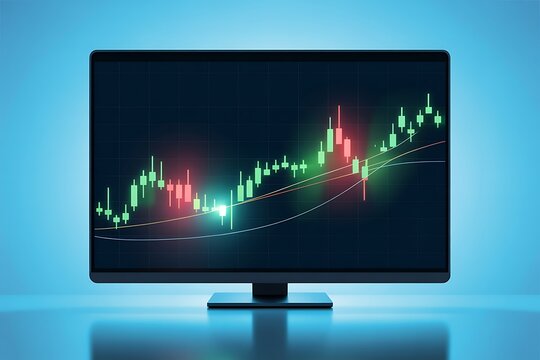 Computer Monitor Displaying a Stock Market Trading Candlestick Chart graph finance