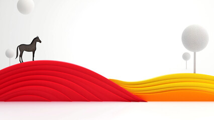 カラフルな丘の上に立つ一頭の馬、抽象的な3D風景