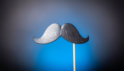 A playful black mustache prop on a stick against a blue background, perfect for parties.
