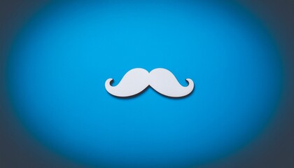 A minimalist design featuring a stylized mustache against a blue background.