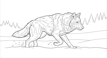 Running wolf illustration on snow with mountain trees background outline