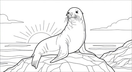 Sea lion on rock with sunrise landscape illustration graphic