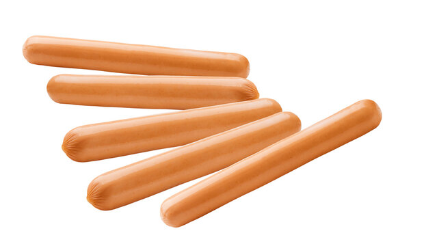 realistic photograph of five raw, smooth, pink frankfurter sausages or hot dogs, tightly arranged together in a cluster, isolated on a pure transparent background.