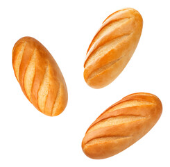 dynamic photograph capturing three small, perfectly baked white bread loaves or rolls mid-air, featuring a crispy golden crust and scored top, isolated on black.
