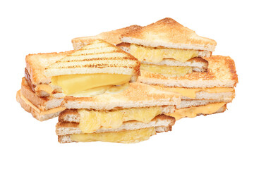 abundant and delicious stack of toasted grilled cheese sandwiches isolated on a transparent background, with hot yellow cheese melted and dripping from the edges.