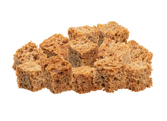 a close-up photograph of a pile of crispy dark rye bread croutons isolated on a solid transparent background, perfect for soups and salads.