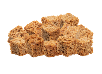 a close-up photograph of a pile of crispy dark rye bread croutons isolated on a solid transparent background, perfect for soups and salads.