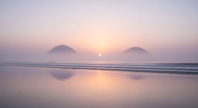 Misty sunrise over the ocean with two islands and reflecting water