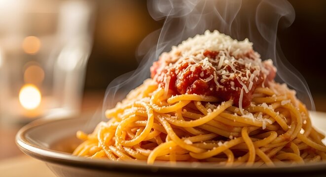 Steaming hot spaghetti with a rich tomato sauce and grated parmesan cheese in a rustic bowl