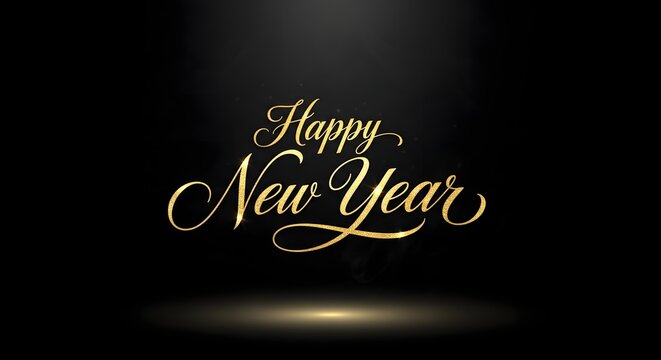 Elegant golden happy new year text on dark background spotlight