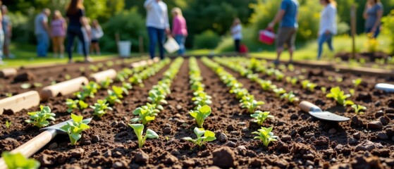 Community Garden with Volunteers Planting Fresh Seedlings Under Bright Sunlight in a Lush Green Environment