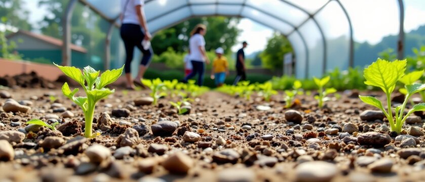 Green Seedlings Growing in Rich Soil, People Working in Backyard Garden Greenhouse on a Sunny Day