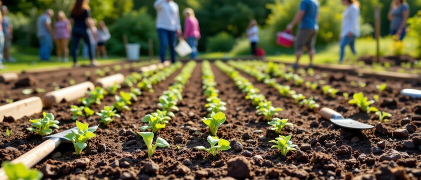 Community Garden with Volunteers Planting Fresh Seedlings Under Bright Sunlight in a Lush Green Environment - Powered by Adobe