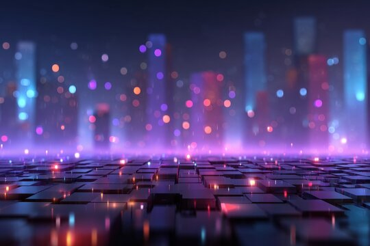 Abstract neon cityscape with glowing squares and vibrant bokeh lights at night