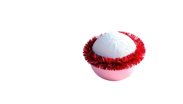 Pink & white sphere adorned with a red tinsel garland, isolated against a pure black background