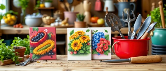 Colorful floral illustrations on display in a cozy kitchen with gardening tools and vibrant plants surrounding them