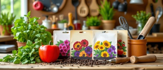 Vibrant Flower Seed Packets Beside Fresh Ingredients in Cozy Kitchen Setting with Natural Light and Rustic Decor