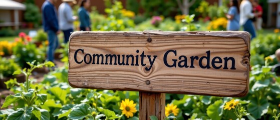 Vibrant Community Garden Sign Surrounded by Colorful Flowers and Green Plants Under Bright Sunlight in a Lively Outdoor Setting