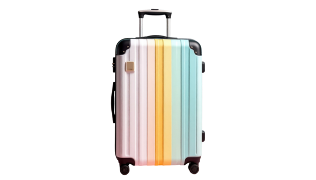Striped suitcase with extendable handle against a solid black backdrop, centered and well-lit