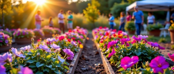 Vibrant Flower Garden at Sunset with People Enjoying Nature in Outdoor Setting