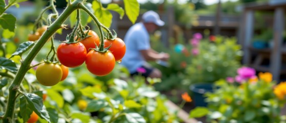 Freshly Grown Tomatoes in Garden Setting with Gardener in Background Surrounded by Vibrant Flowers and Lush Greenery