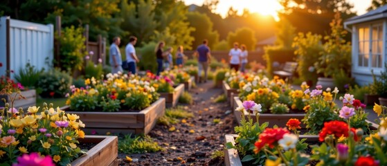 Vibrant Flower Garden at Sunset with People Enjoying Nature in a Beautiful Outdoor Setting with Colorful Blossoms and Soft Light