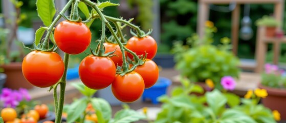 Fresh Red Tomatoes Growing on a Vine in a Lively Garden with Colorful Flowers and Greenery Surrounding Them