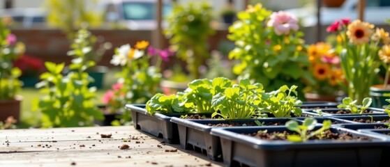 Fresh Seedlings in Black Trays on Wooden Table Surrounded by Beautiful Colorful Flowers in Garden on a Sunny Day