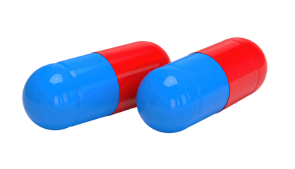 Two oblong capsules, one slightly overlapping the other, are colored blue and red against a dark background