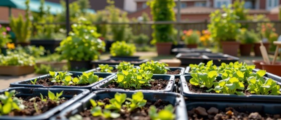 Lush Green Seedlings in Garden Pots Ready for Transplanting Under Bright Sunlight at a Community Garden
