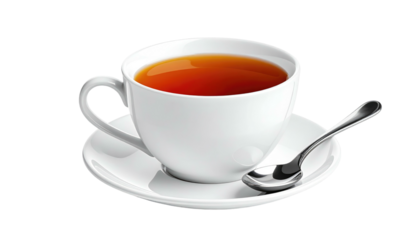 White porcelain cup filled with tea, resting on a saucer, with a silver spoon beside it
