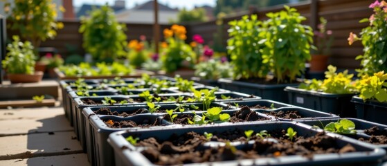Lush Home Gardening with Vibrant Green Seedlings in Backyard Planters Surrounded by Colorful Flowers on a Sunny Day