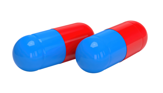 Two oblong capsules, one slightly overlapping the other, are colored blue and red against a dark background