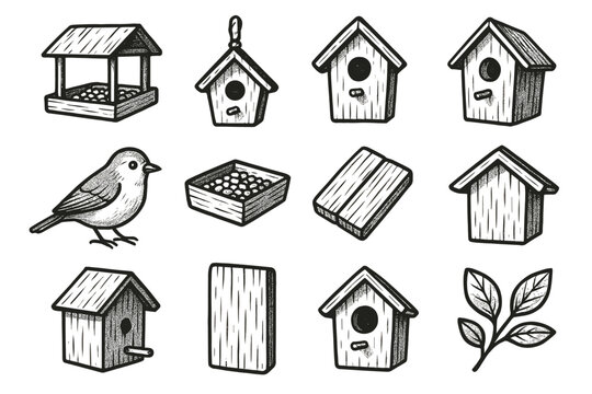 Vector box garden icon house tree detail perch hanging set birdhouse
