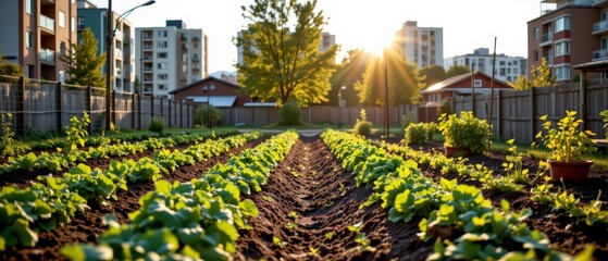 Lush Community Garden at Sunrise with Vibrant Green Plants and Cityscape in the Background