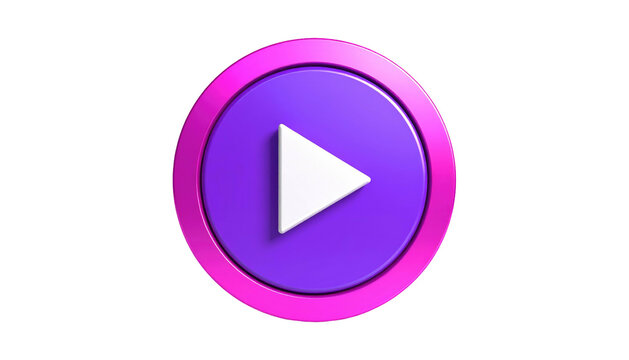 A purple circle with a pink border containing a white play triangle, set against a stark black background