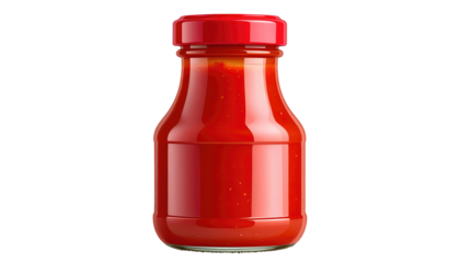 Glossy red condiment jar with matching lid, filled with a chunky sauce, isolated against a stark black backdrop