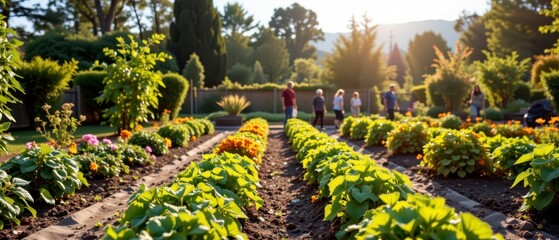 Vibrant Garden Landscape with Flower Rows and People Enjoying Nature at Sunset in a Peaceful Park Setting