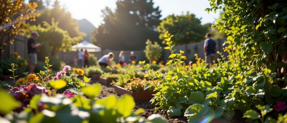Vibrant Community Garden Scene with People Planting, Watering, and Enjoying Nature Under Bright Sunlight in Spring