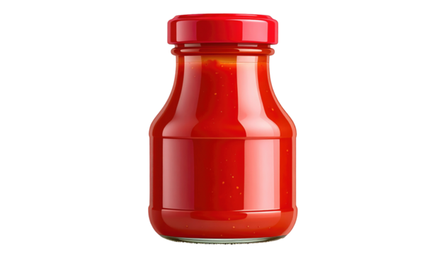 Glossy red condiment jar with matching lid, filled with a chunky sauce, isolated against a stark black backdrop