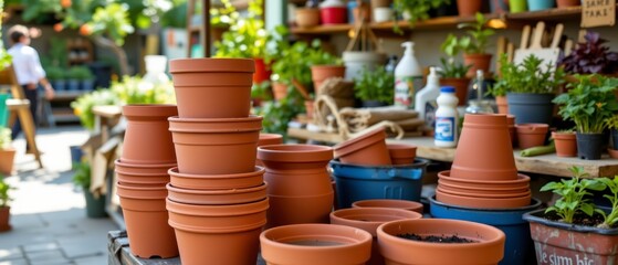Terracotta Plant Pots Stacked Neatly Among Green Plants in a Bright and Lively Garden Shop