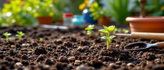 New Green Seedling Emerging from Rich Dark Soil in Vibrant Garden Setting Surrounded by Plants and Gardening Tools