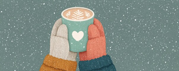 Cozy winter scene of gloved hands holding a coffee cup with heart motif and snow