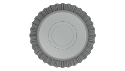 Metallic bottle cap. Gray, round, fluted edges. Isolated on black background, centered. Seen from above, minimalist design