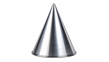 Shiny metal cone sits on a black surface, lit to show off its texture. Smooth reflective silver object